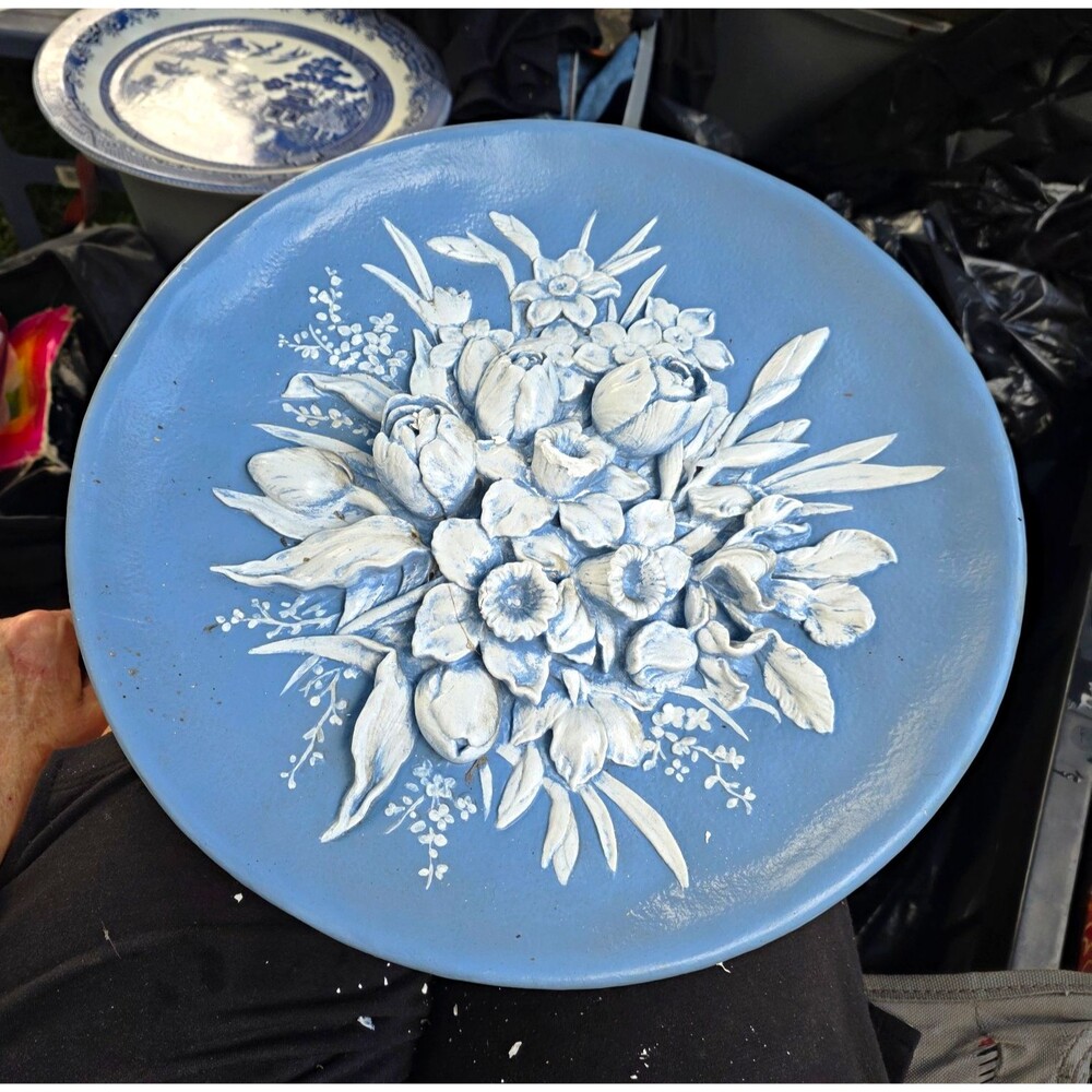 Blue & White Embossed Floral Decorative Collector Plate Round American